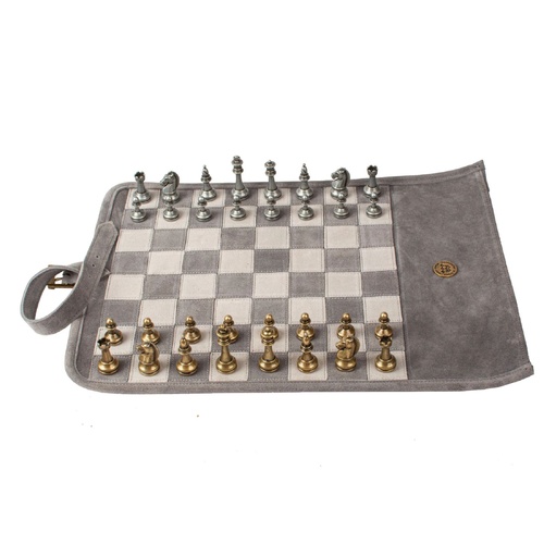Manopoulos Grey Suede Roll-Up Chess w/Metal Pieces